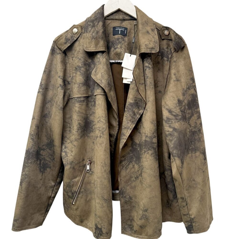 TAHARI Womens Moto Jacket Plus Size 2X Olive Tan Tie Dye Stretch Faux Suede NWT